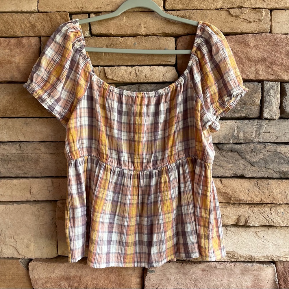 Lucky Brand multicolor plaid boho peasant blouse top Women Large - Like new - Picture 6 of 10